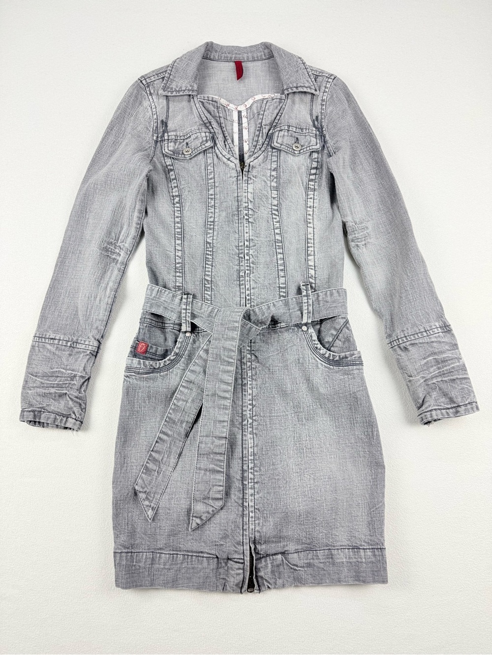 Foxy Jeans Y2K Denim Mini Dress Belted Zip Front Long Sleeve Bodycon 2000s